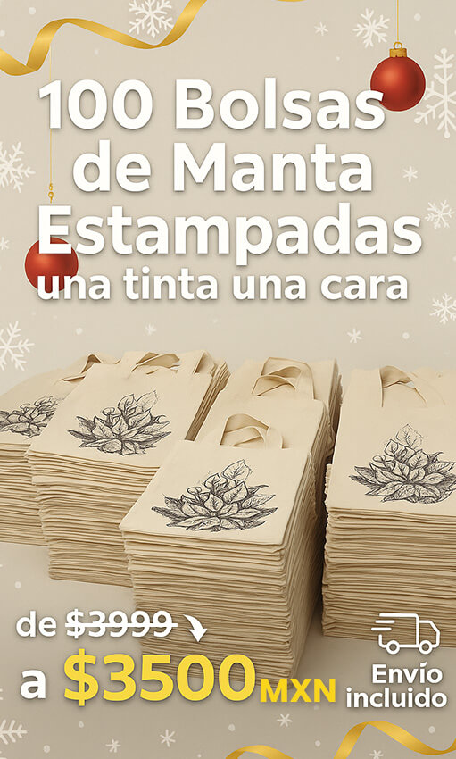 100 bolsas de manta estampadas a una tinta una cara