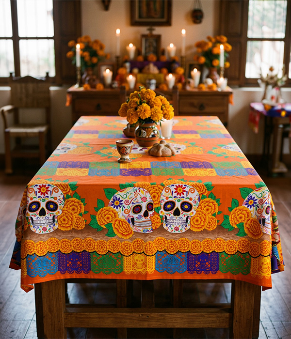 Ofrenda cuidada con mantel Día de Muertos