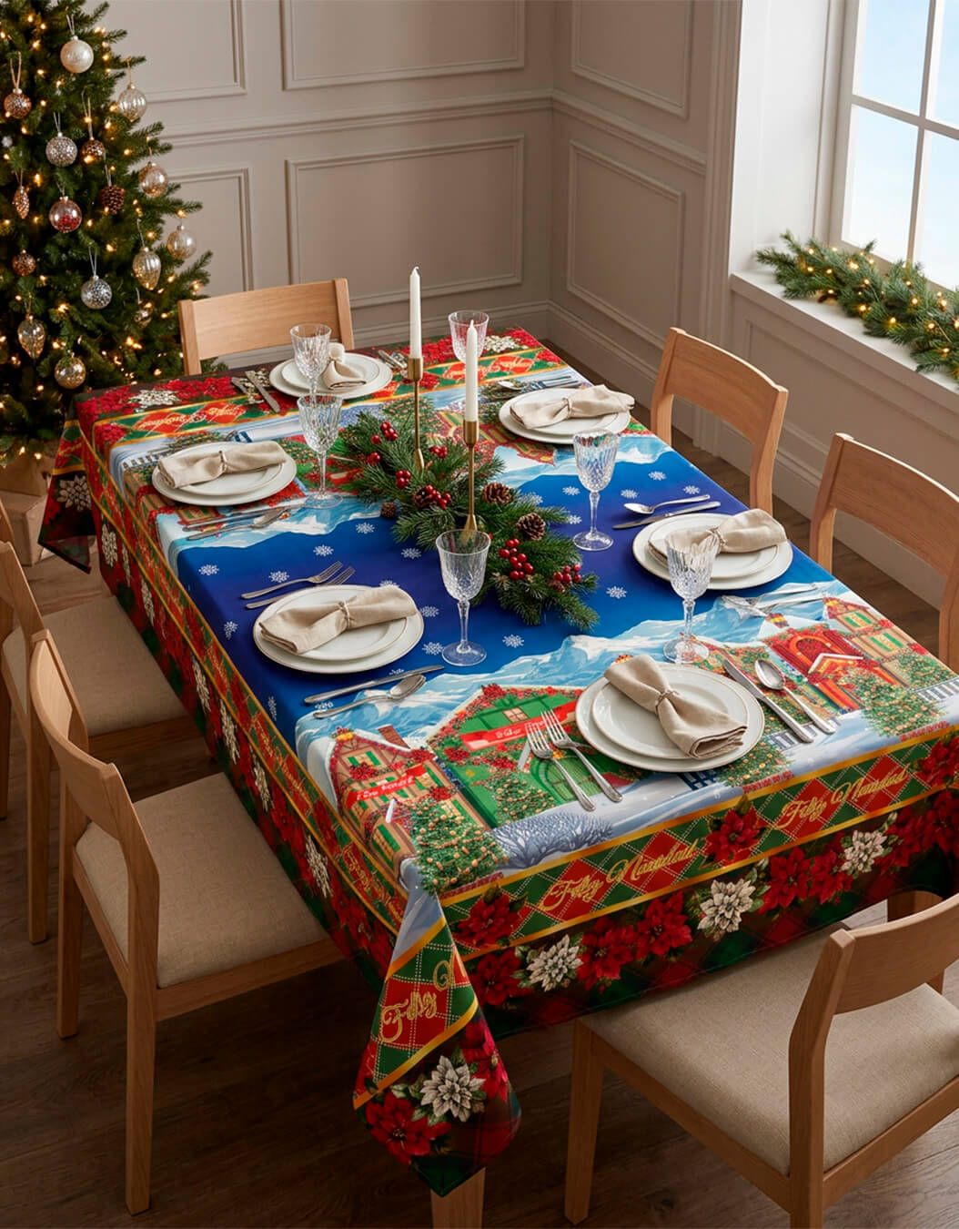 Mesa navideña decorada con manteles especiales