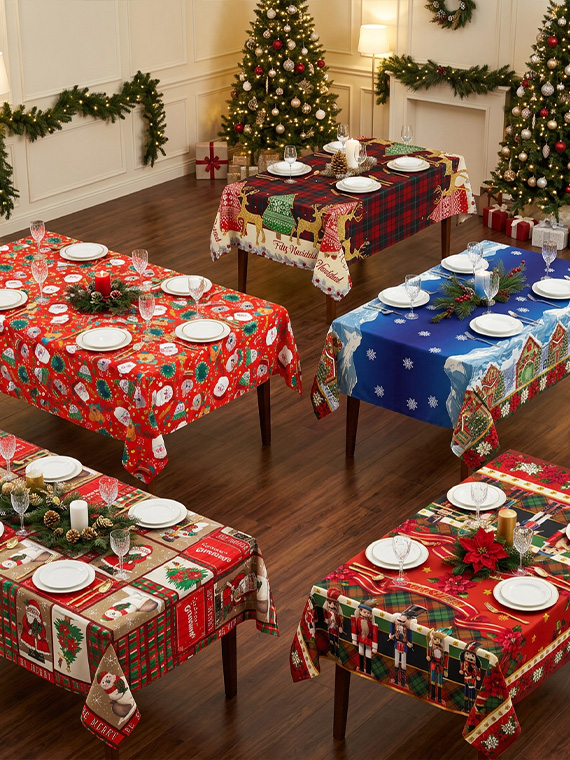 Manteles navideños en uso en una mesa