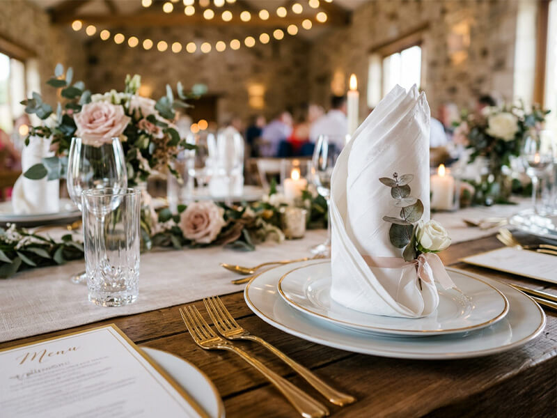 Servilletas de tela en mesa de boda